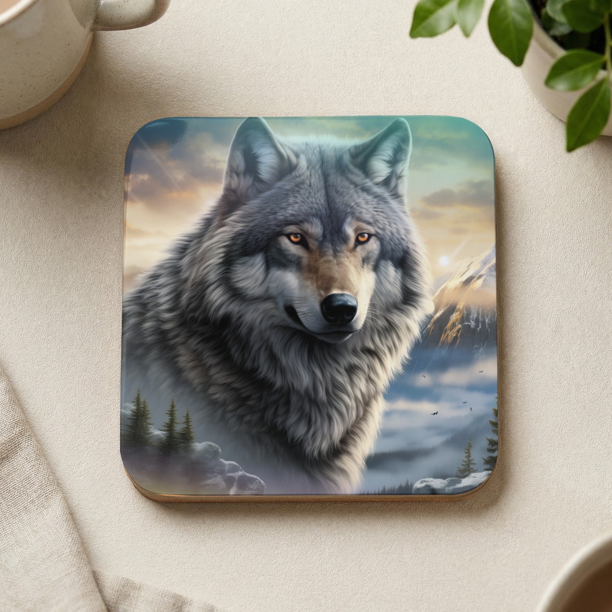 Wolf portrait with mountains and forest in background on a coaster.
