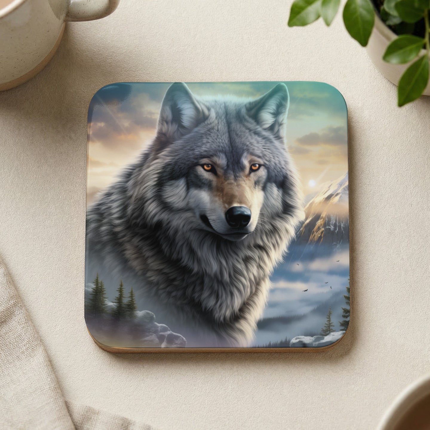 Wolf portrait with mountains and forest in background on a coaster.