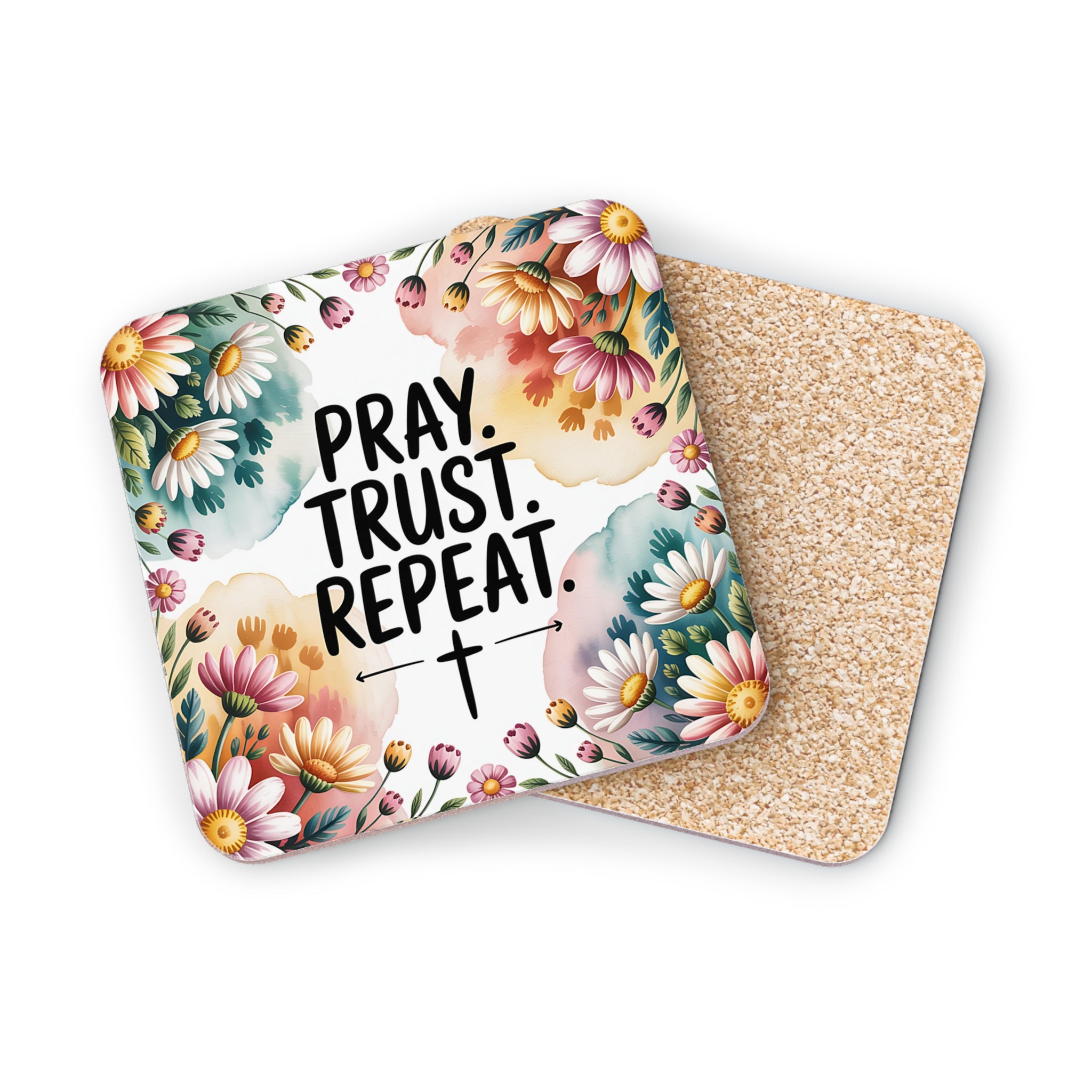 Coasters with floral design and text "Pray. Trust. Repeat."