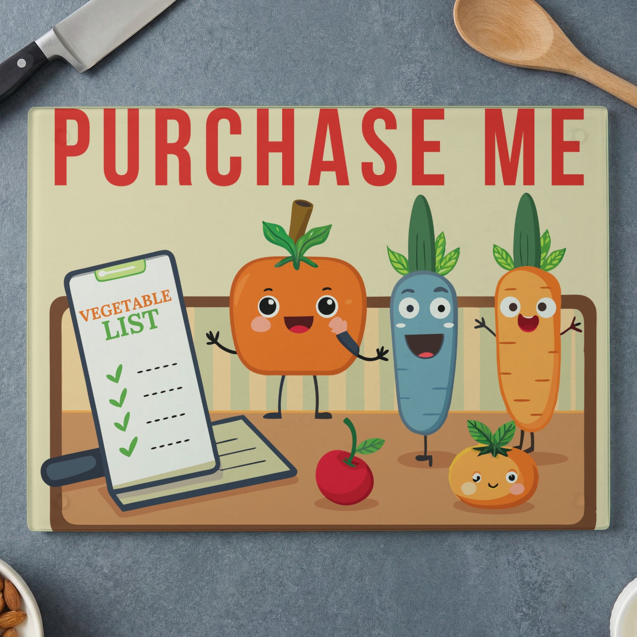 Cartoon vegetables with "PURCHASE ME" text above a vegetable list.