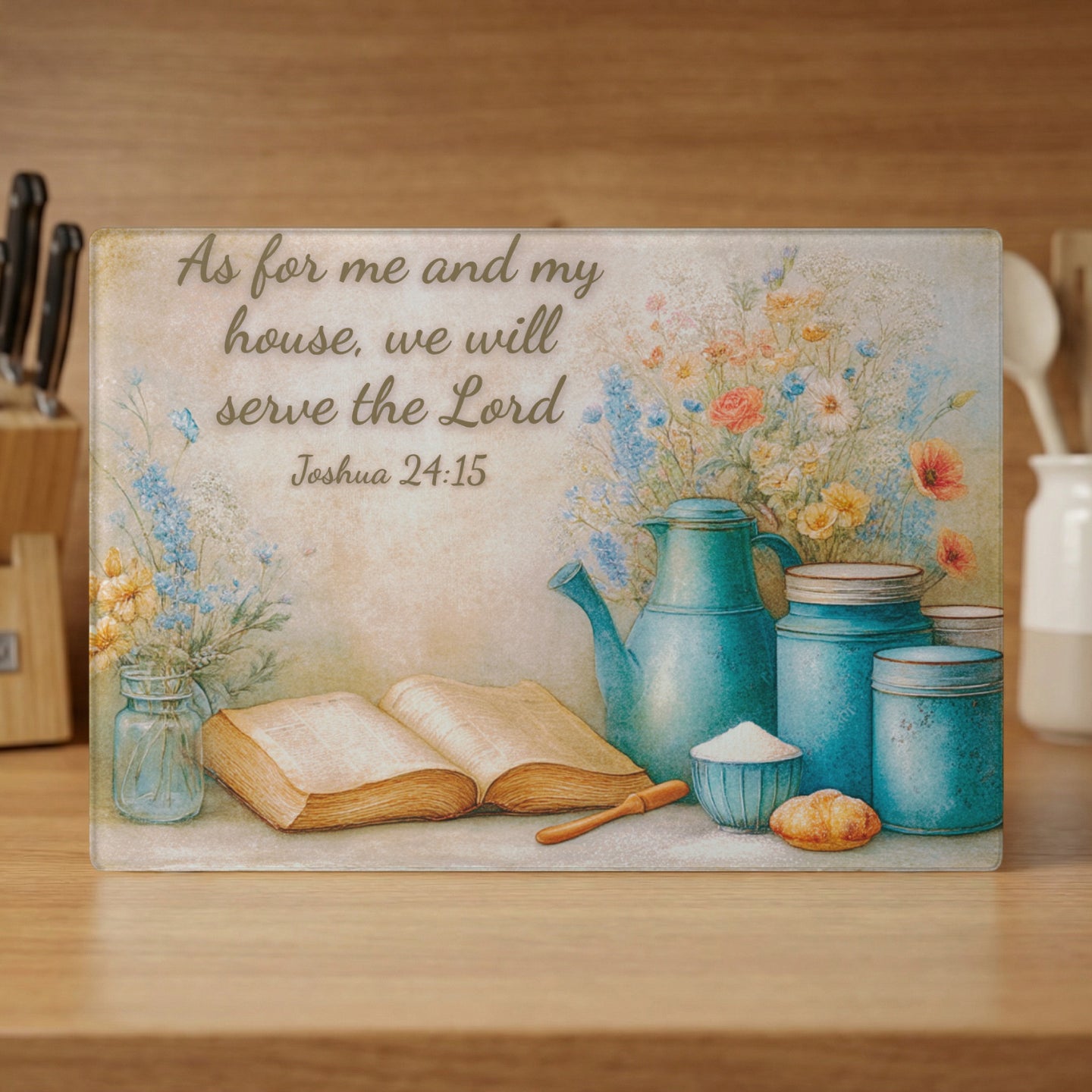 Serving platter with open book, teal canisters, and flowers, features Bible verse Joshua 24:15.