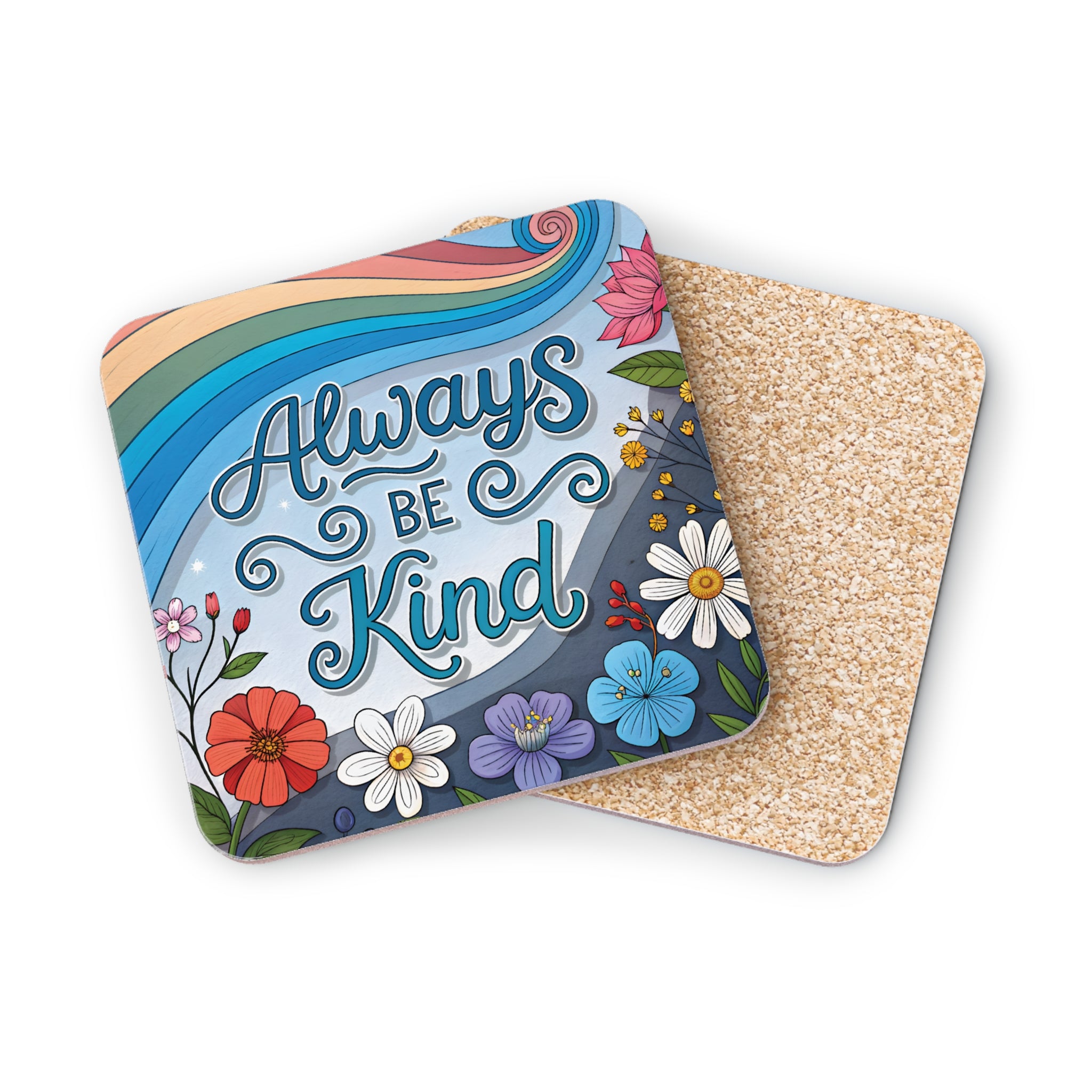 Coaster with "Always Be Kind" text, rainbow, and floral design.