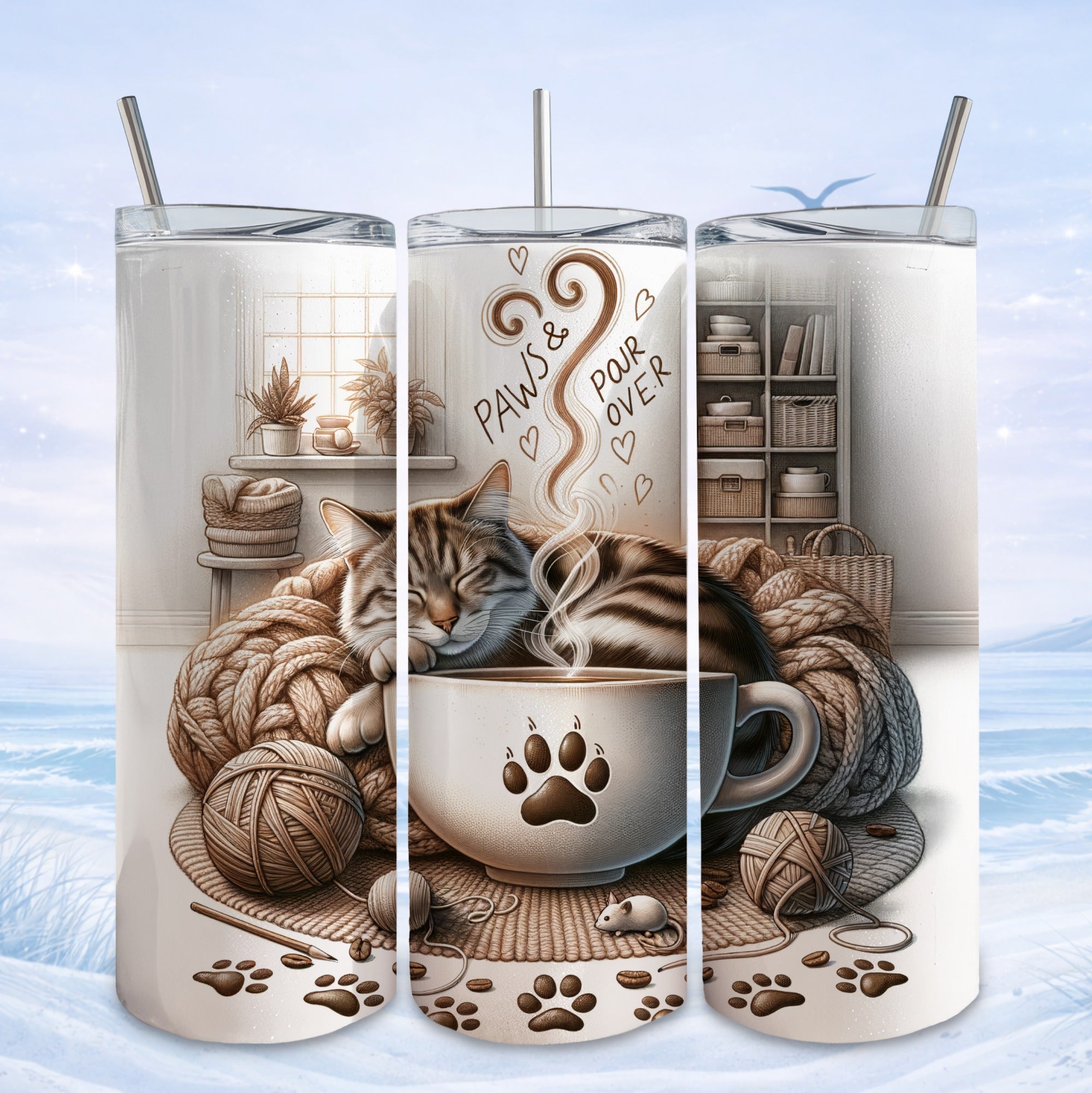 Cozy cat napping on yarn next to a mug with paw print and steam.