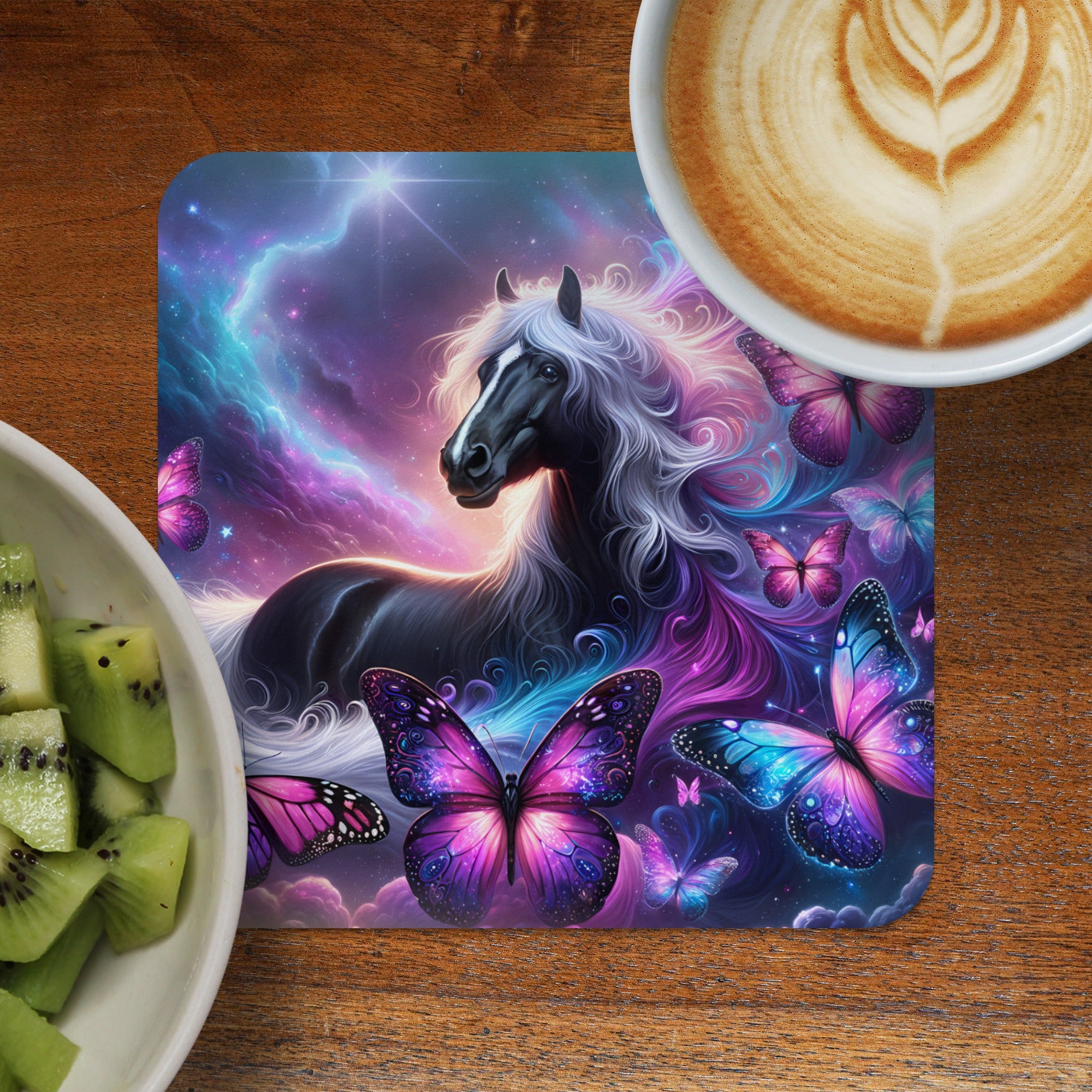 Black horse with purple mane and butterflies in a cosmic scene.