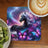 Black horse with purple mane and butterflies in a cosmic scene.