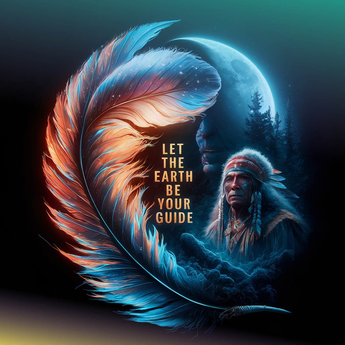 Feather framing Native American elder beneath moon and trees, text "Let the Earth Be Your Guide".