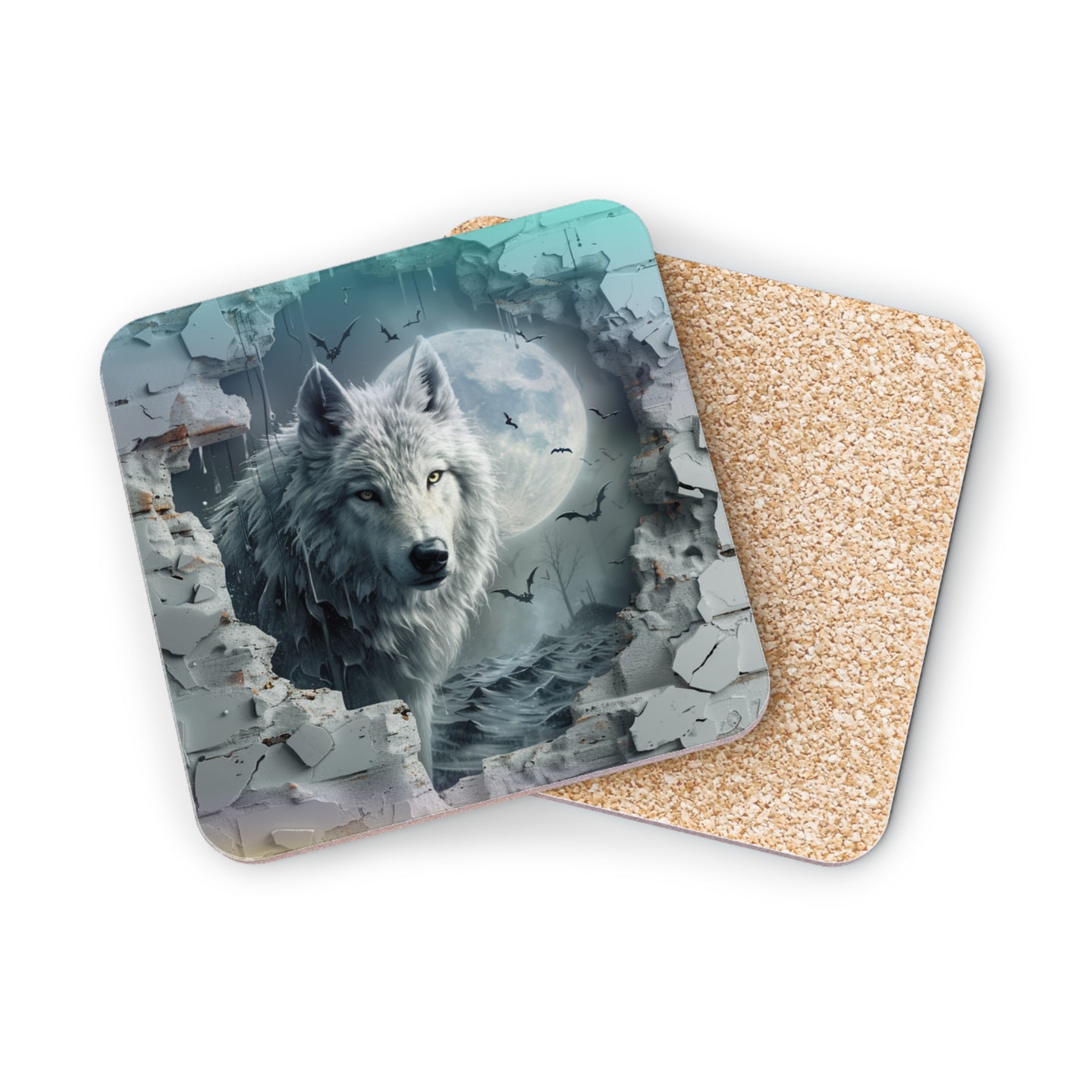 Wolf emerging from destroyed wall under a full moon, set of coasters.