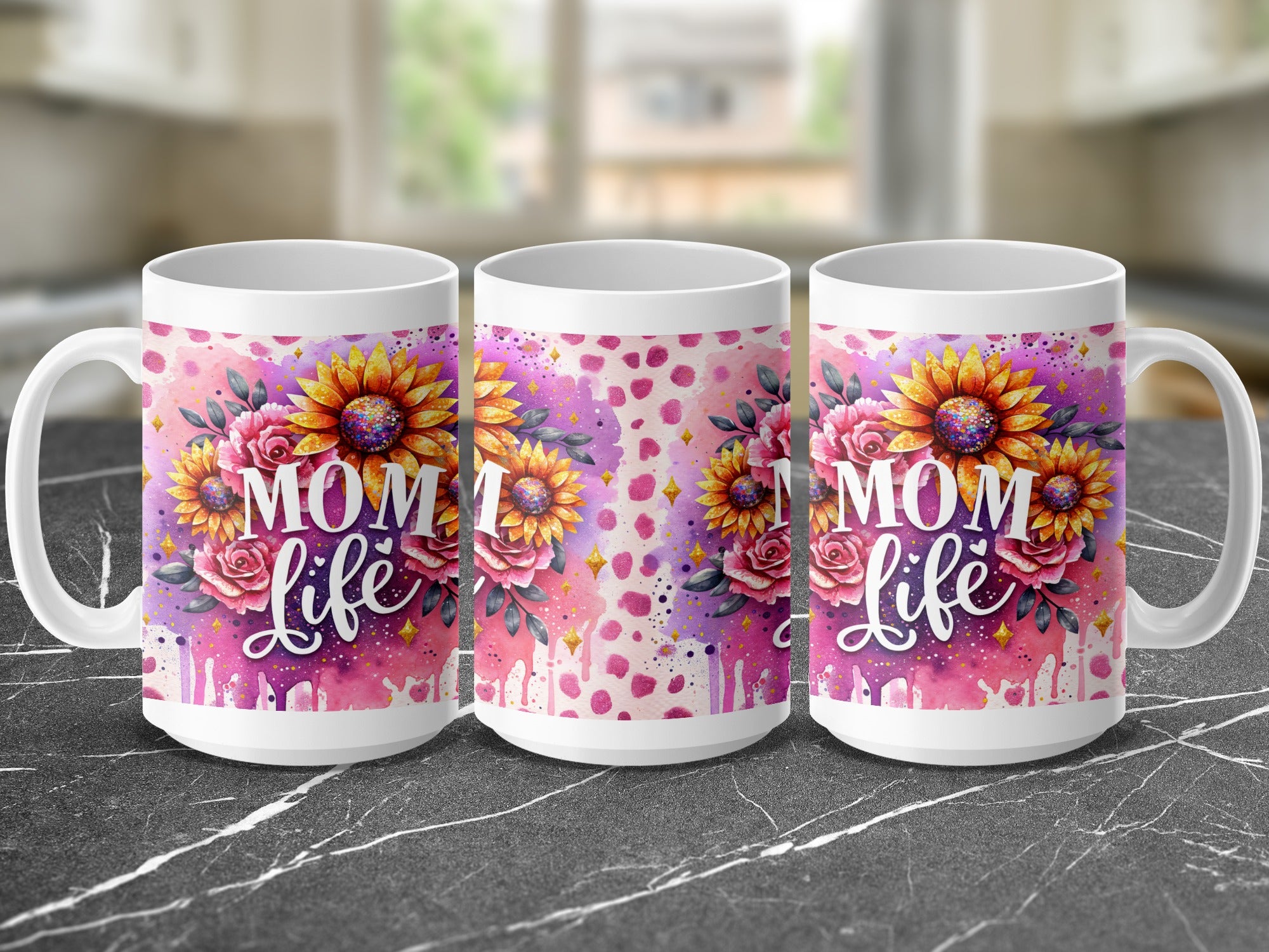 White mug with "Mom Life" and floral design in watercolor.
