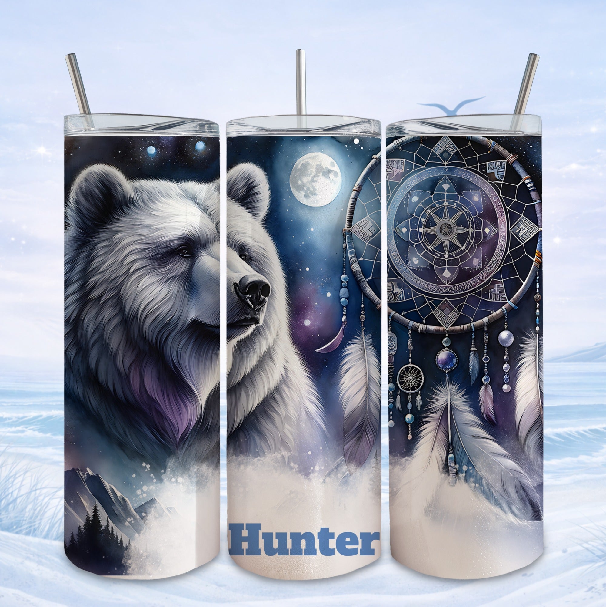 White bear in snowy landscape with dreamcatcher, moon, and "Hunter" text.
