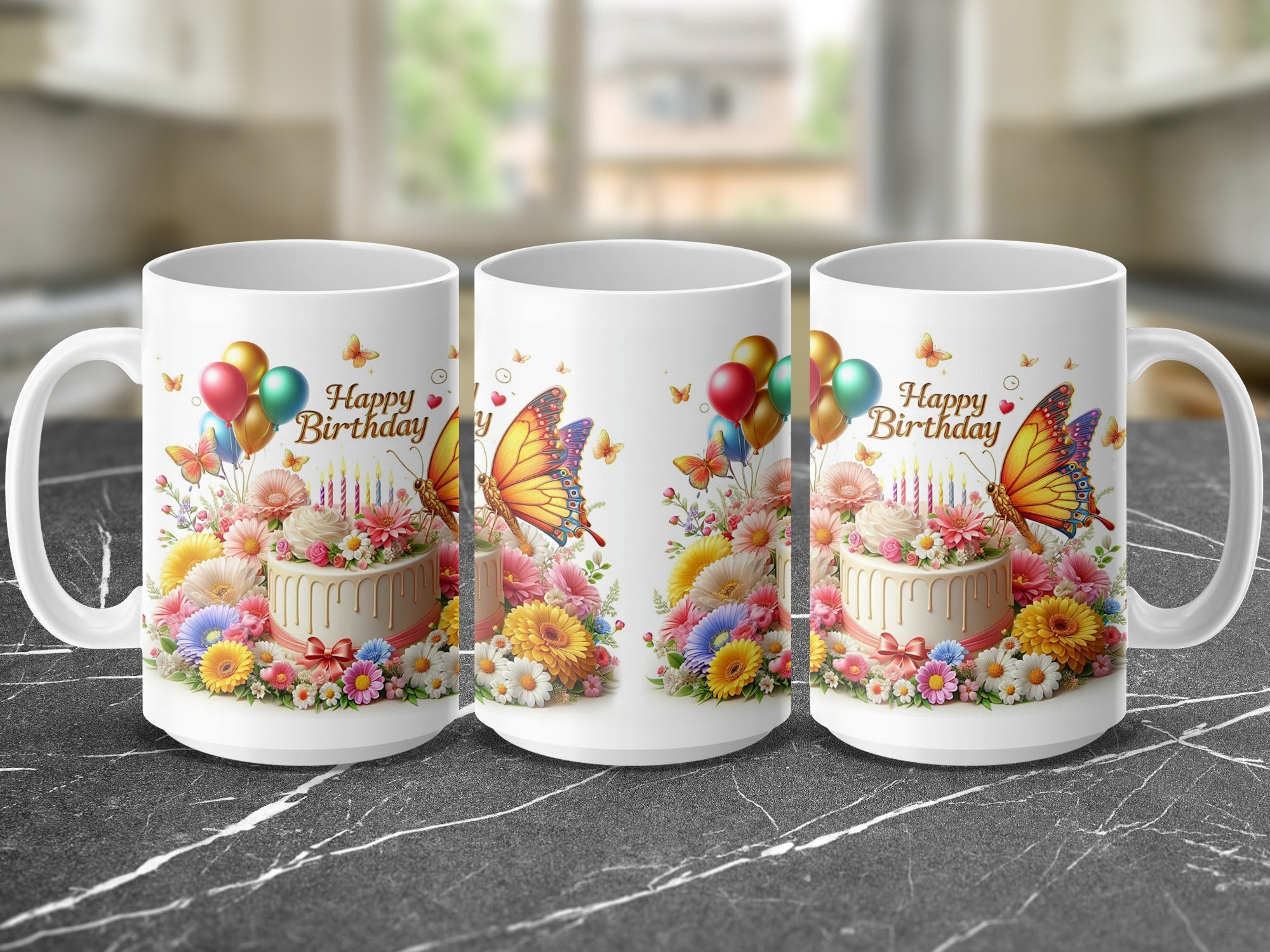 Birthday cake illustration with butterflies and balloons on a white mug.