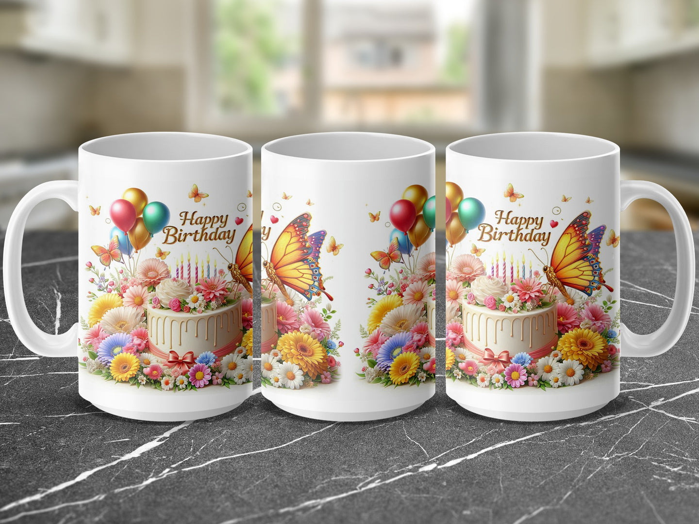 Birthday cake illustration with butterflies and balloons on a white mug.