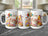Birthday cake illustration with butterflies and balloons on a white mug.