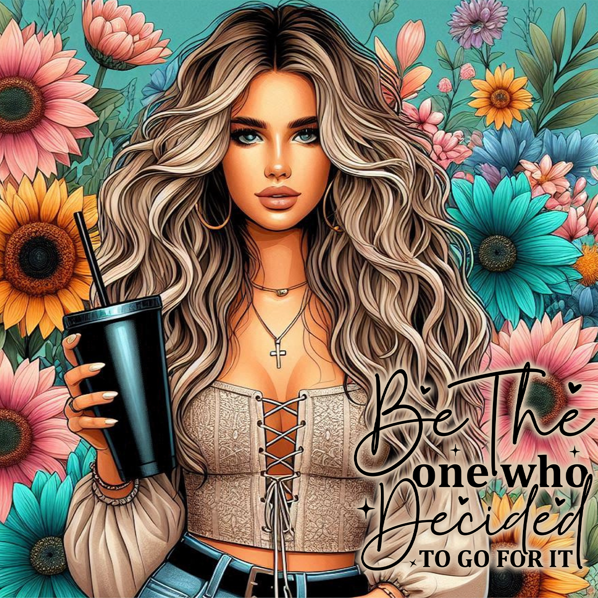 Woman with long blonde hair holding a black cup, surrounded by colorful flowers.