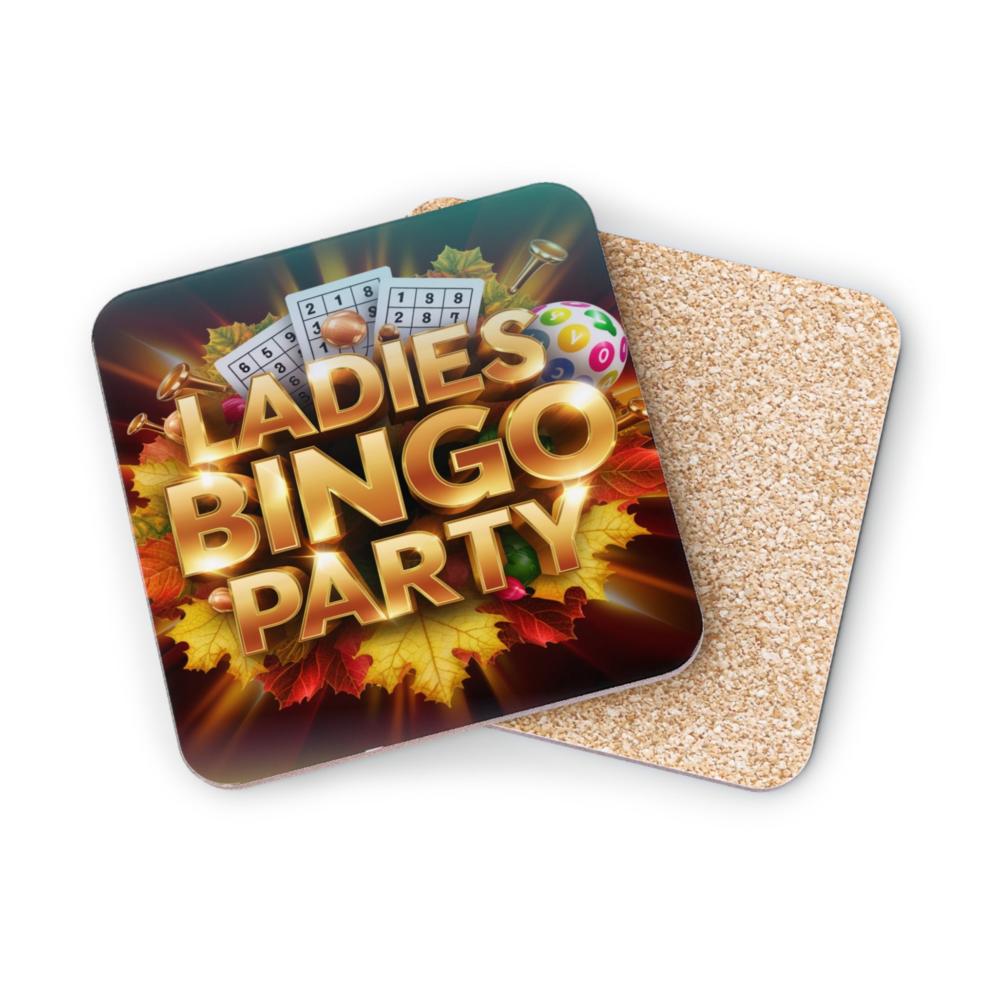 LADIES BINGO PARTY text on a coaster with bingo balls and autumn leaves.