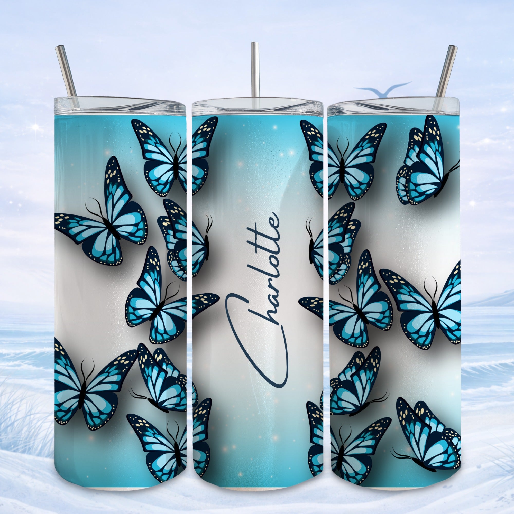 Three tumblers with blue butterflies and "Charlotte" text on a light blue background.