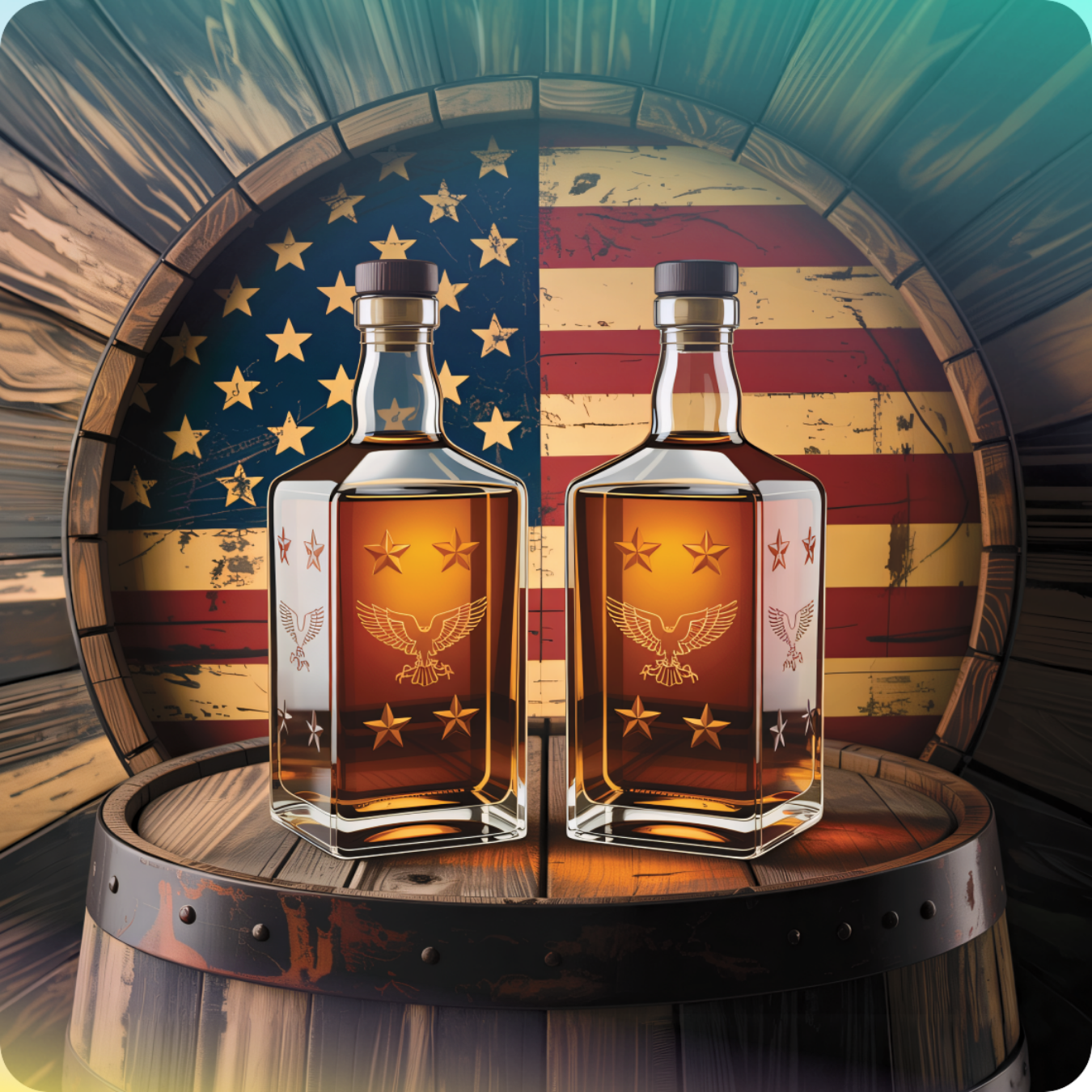 Two whiskey bottles with American flag and eagle detail, on a wooden barrel.