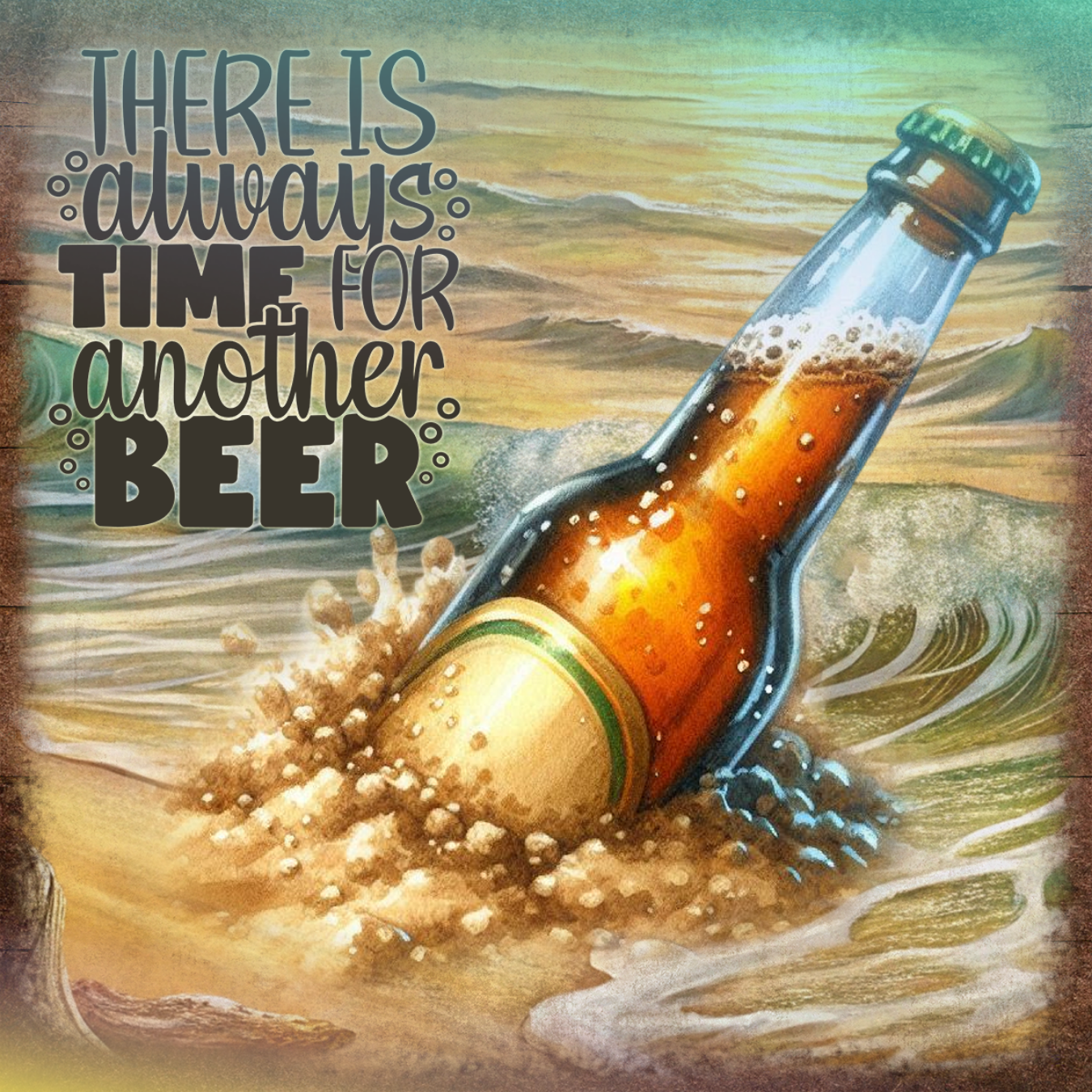 Beer bottle in waves with text "THERE IS always another BEER".