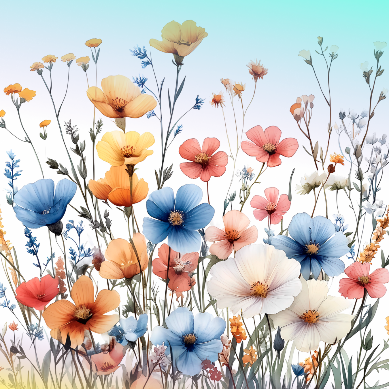 Colorful wildflowers with detailed petals against a light sky.