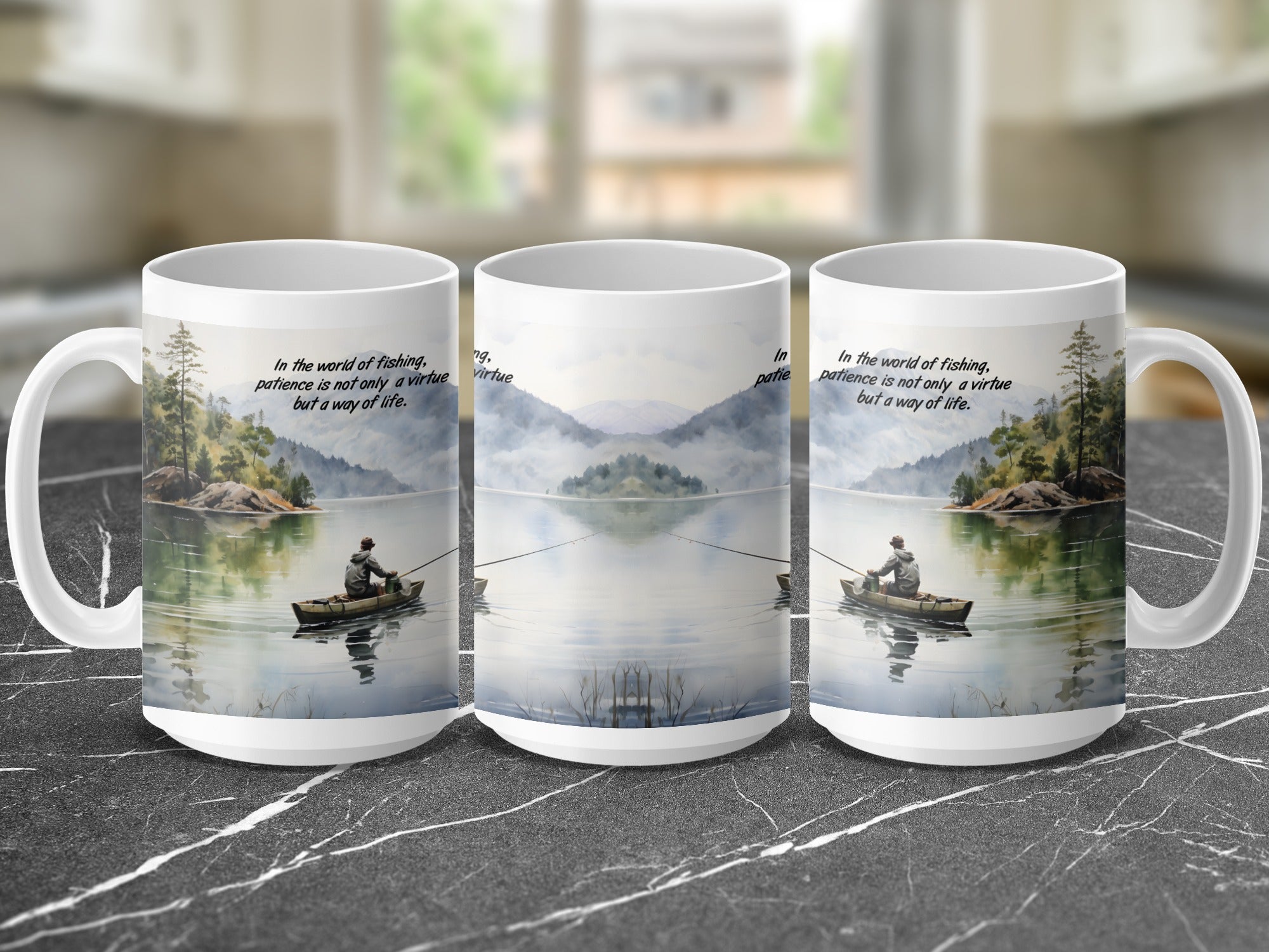 Mug with a serene fishing scene and motivational quote.