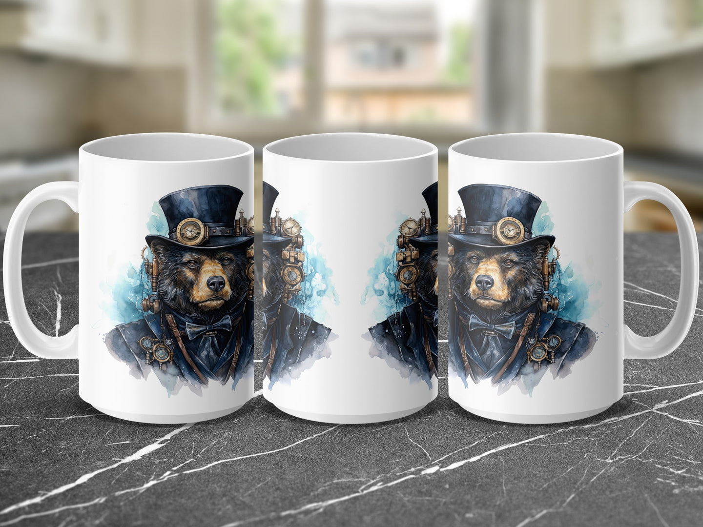 Steampunk bear in top hat and goggles on white mug, three views.