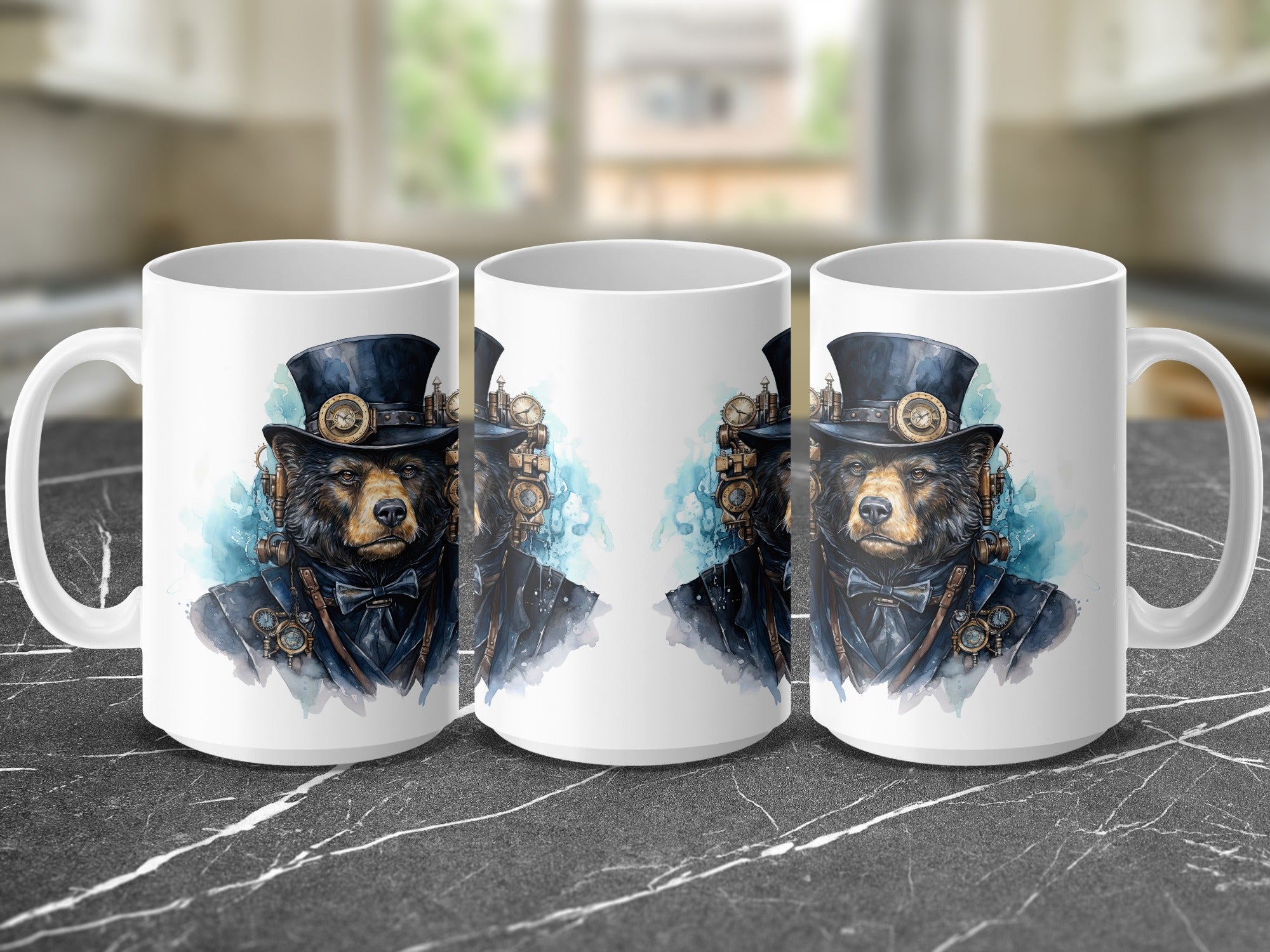 Steampunk bear in top hat and goggles on white mug, three views.