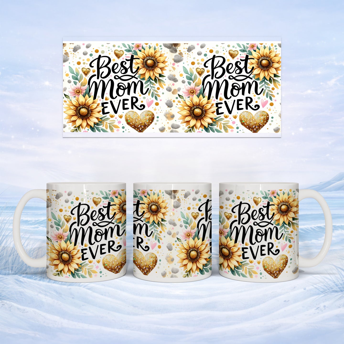 Mug featuring "Best Mom Ever" with sunflowers and glitter hearts.