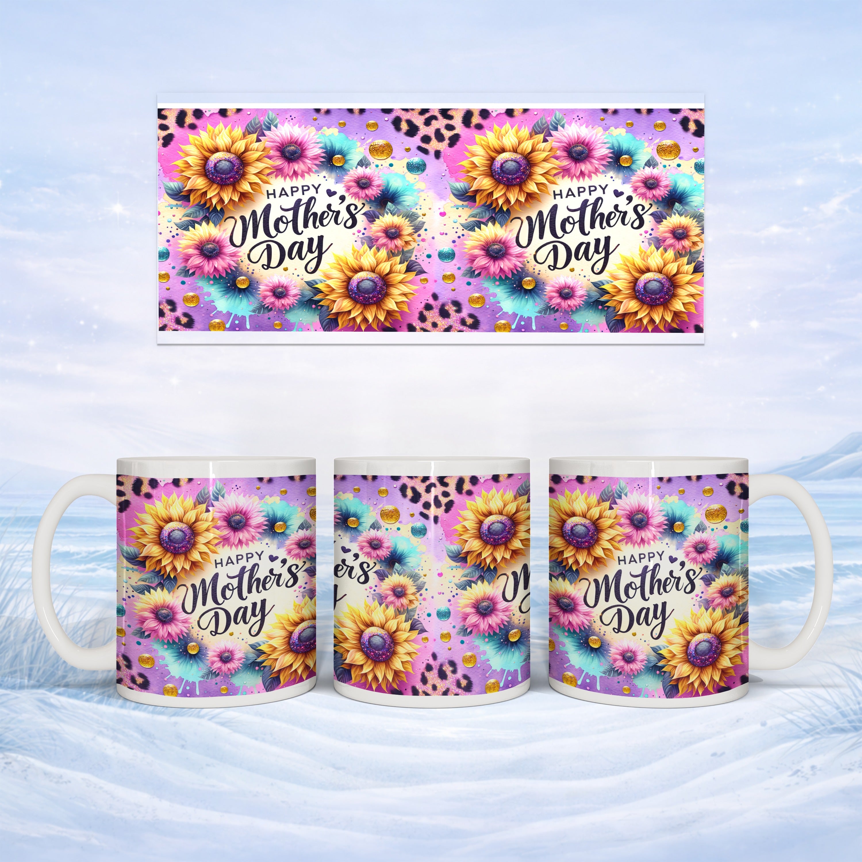 Mug with "Happy Mother's Day" text and floral sunflower design.