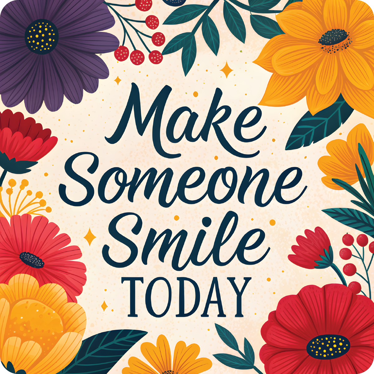 "Make Someone Smile TODAY" text surrounded by colorful flowers.