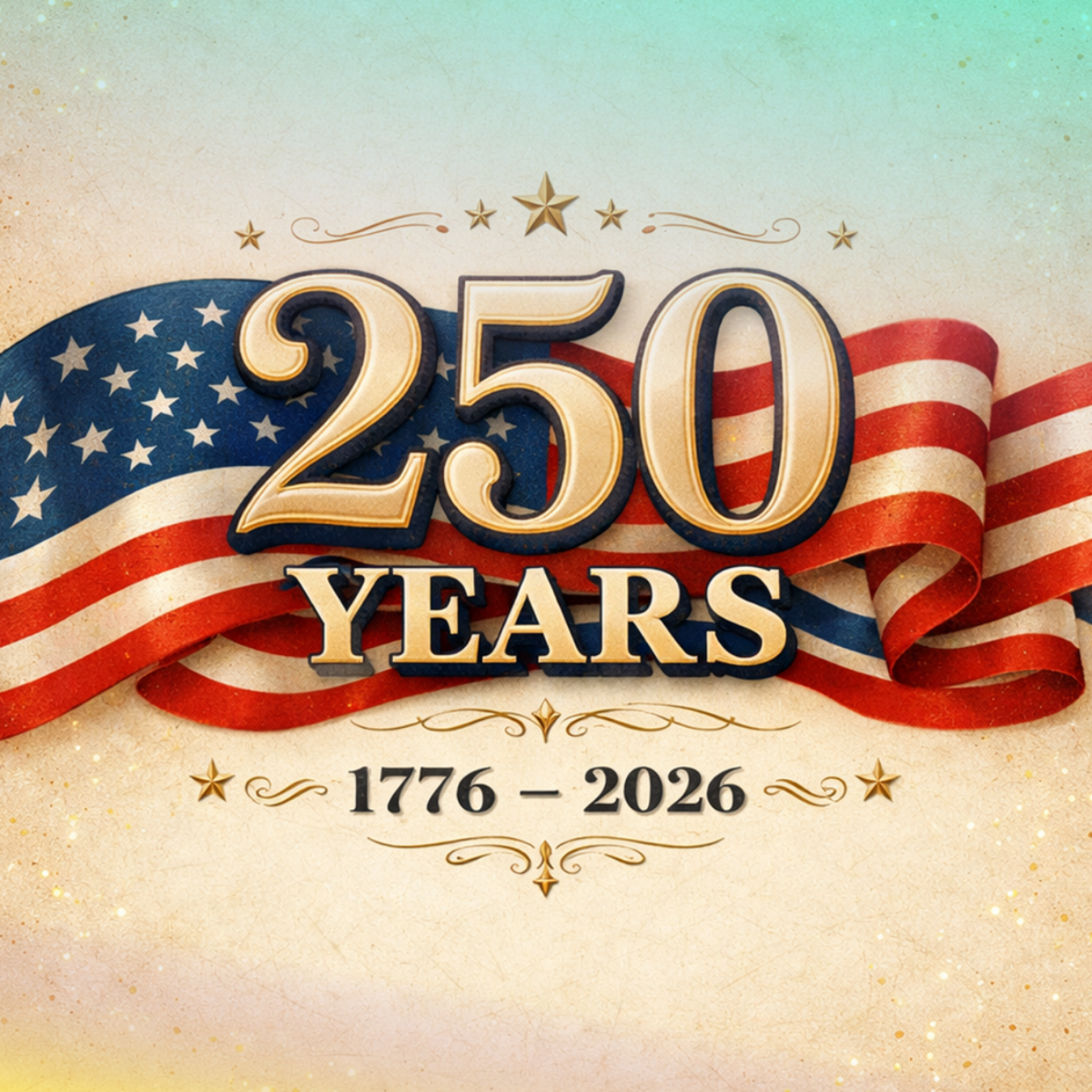 250 Years 1776 - 2026 text with American flag ribbon and stars.