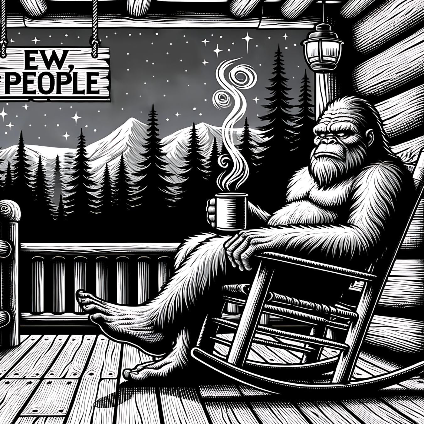 Bigfoot in rocking chair on porch holding steaming mug, "EW, PEOPLE" sign above.