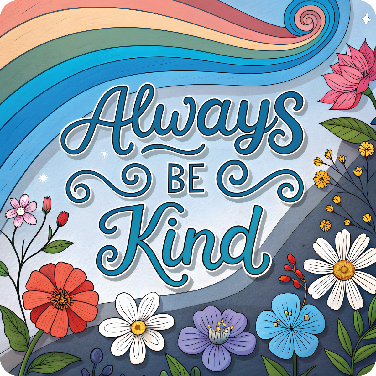 Always Be Kind text surrounded by colorful flowers and rainbow waves.