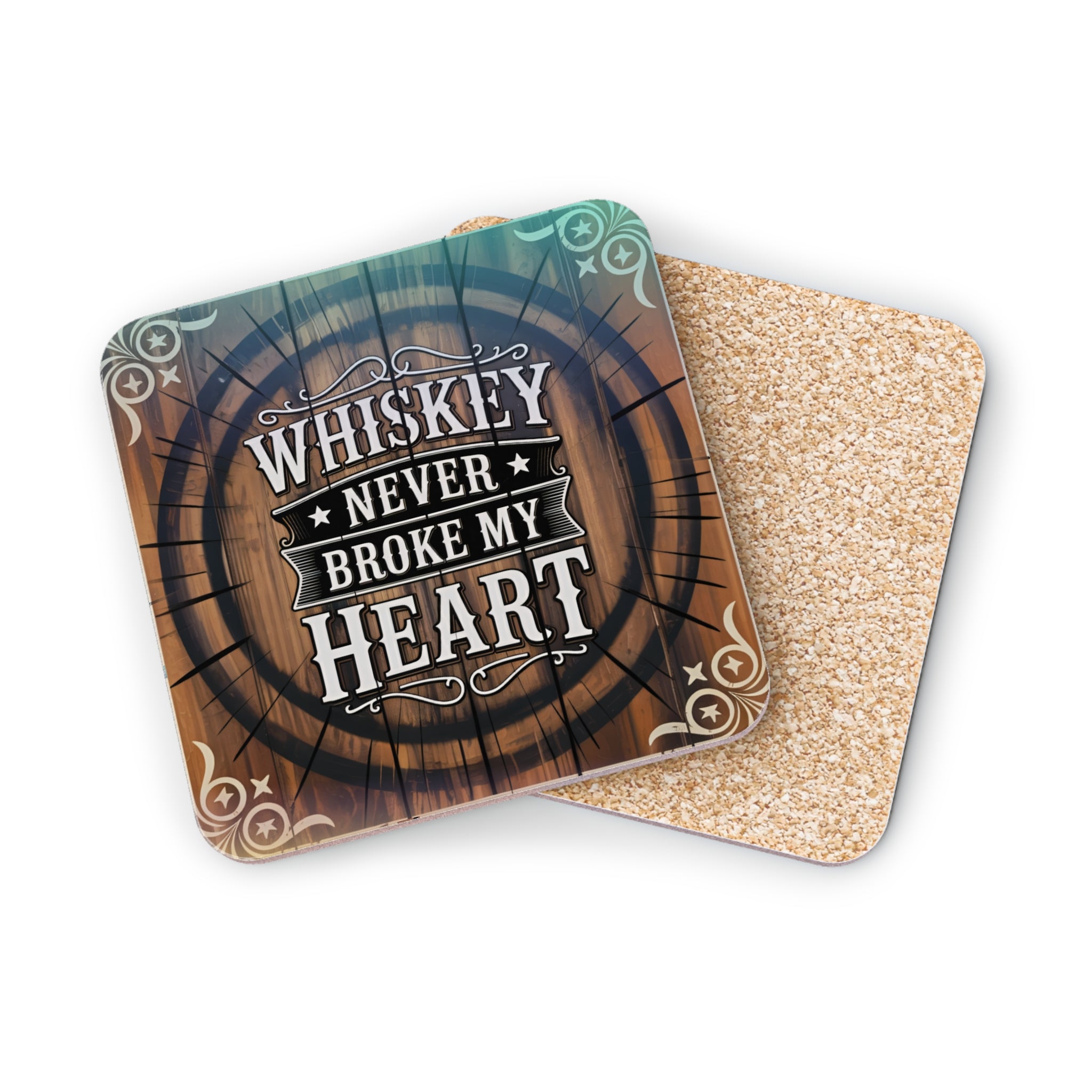 Whiskey Never Broke My Heart quote on wooden barrel coaster.