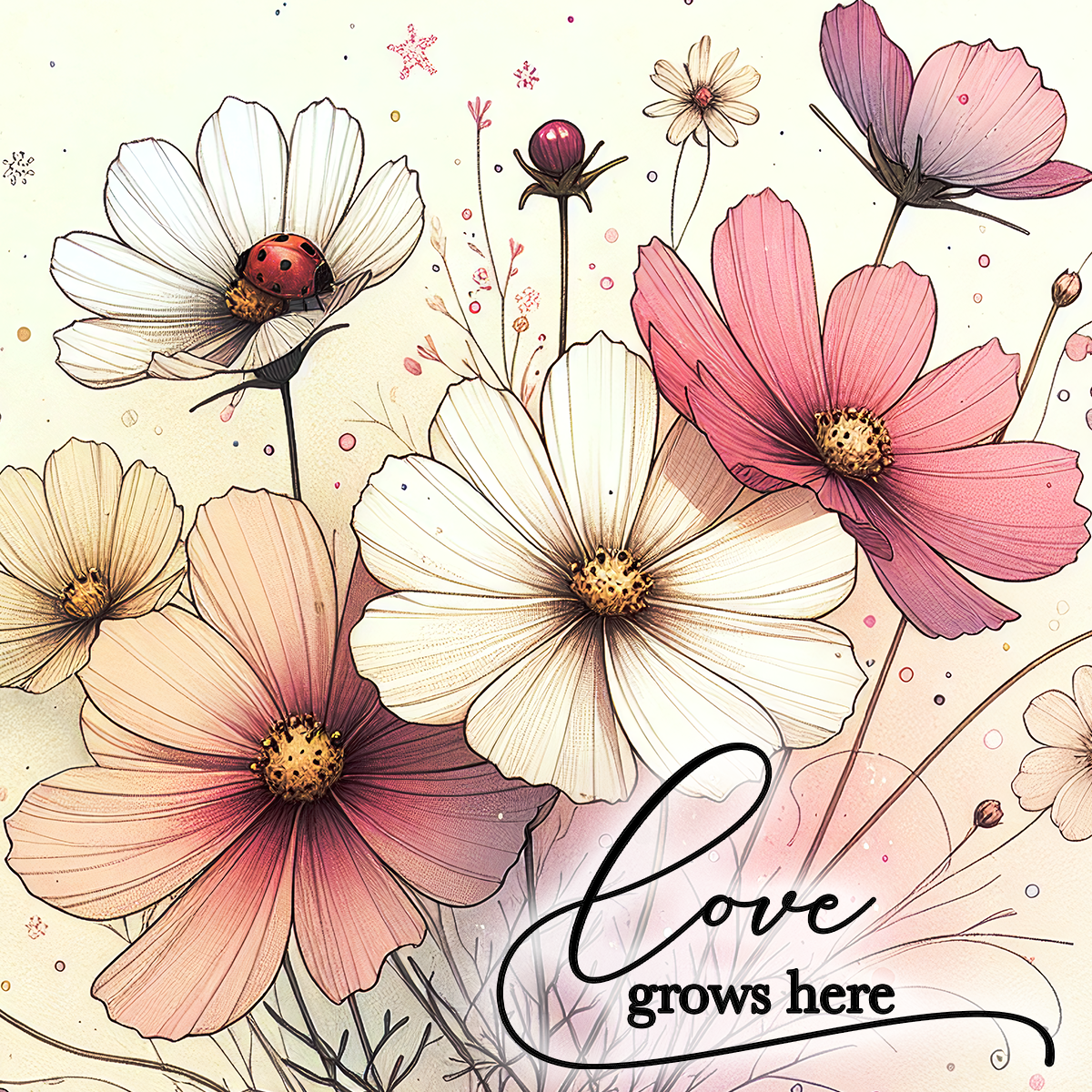 Pink and white cosmos flowers with a ladybug, and the text "love grows here".