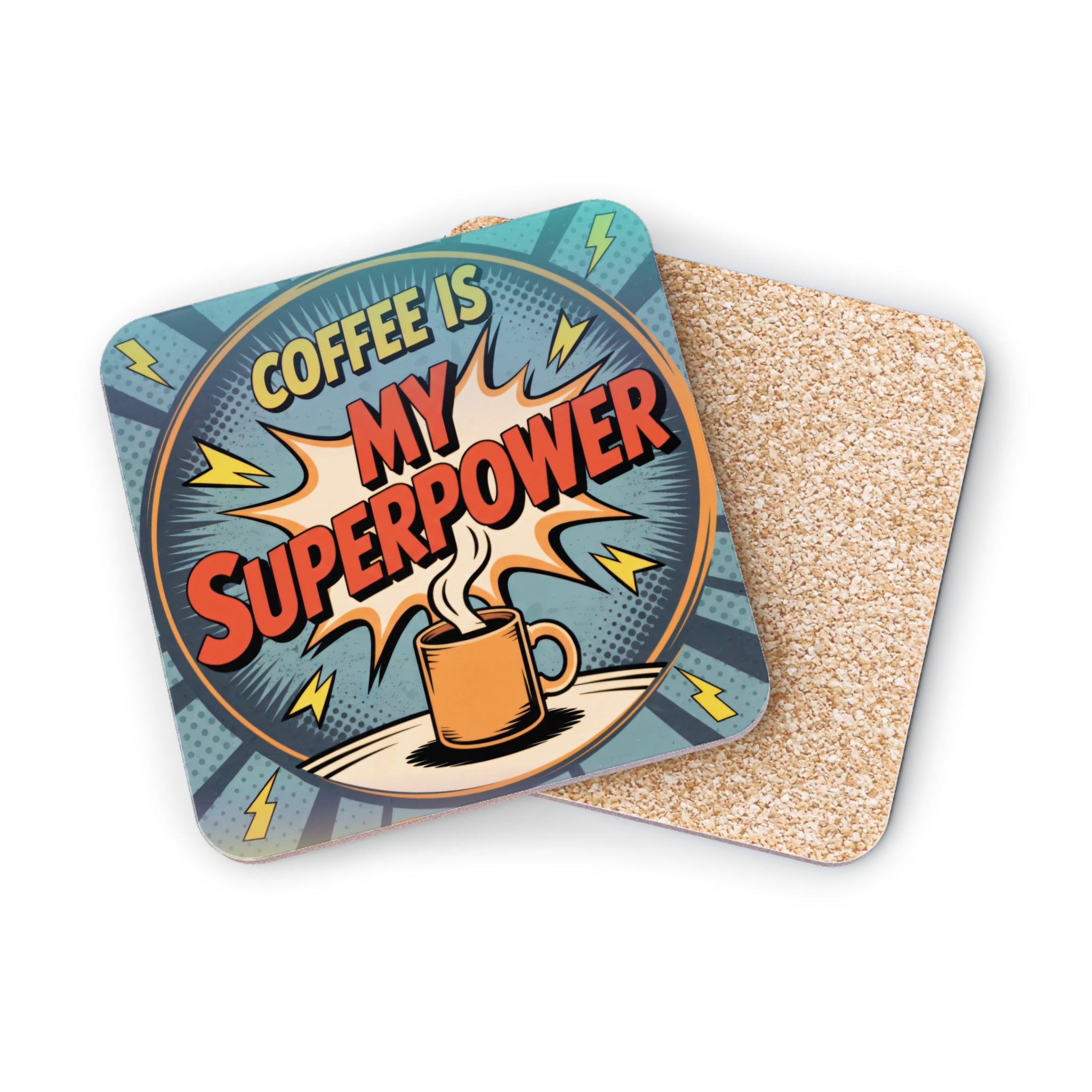 Coaster with "Coffee is my superpower" text and a steaming mug.