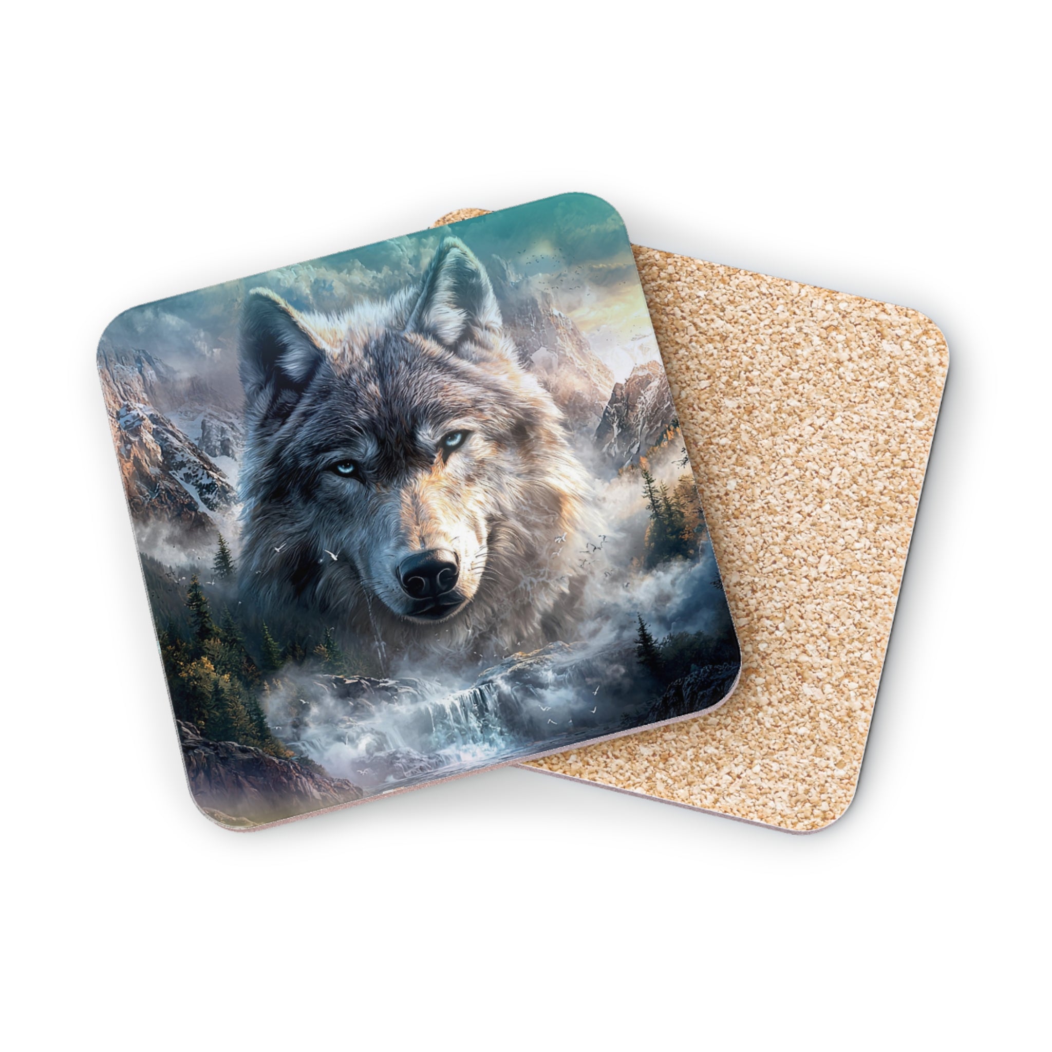 Wolf's head in a mountain landscape on a square coaster.