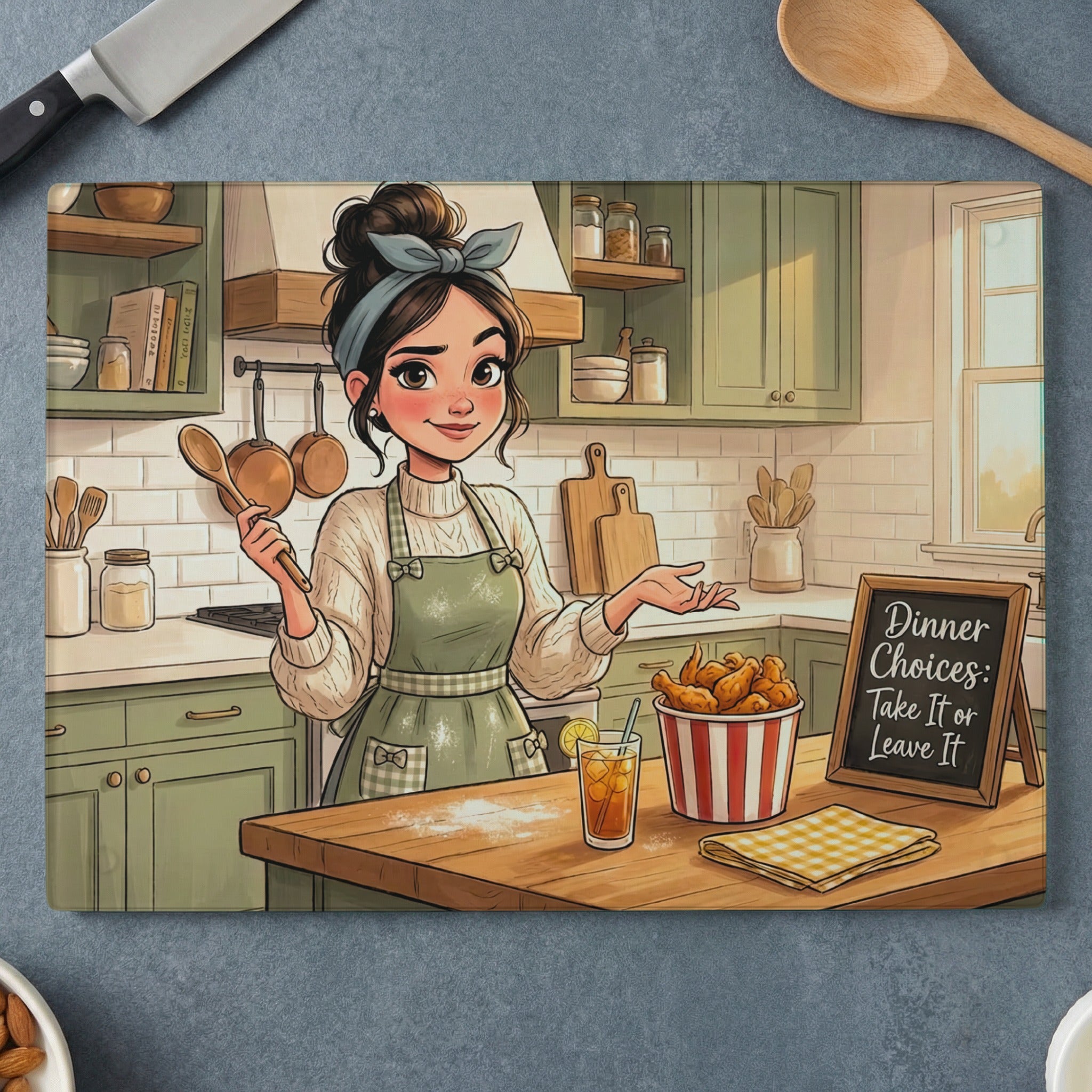 Woman in apron holding spoons in kitchen with fried chicken and chalk sign.
