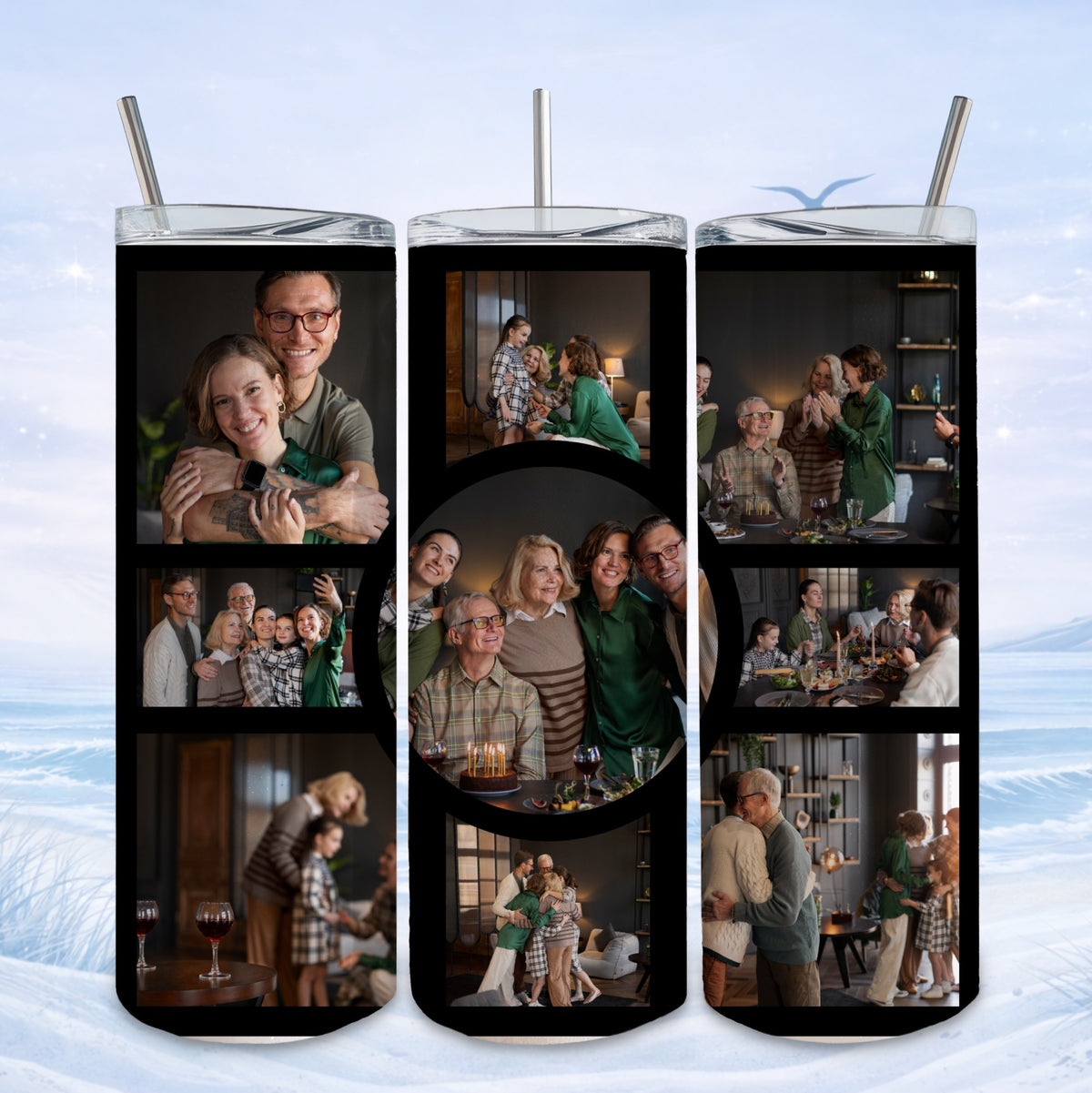 Collage of family moments on a skinny tumbler with frosted winter background.