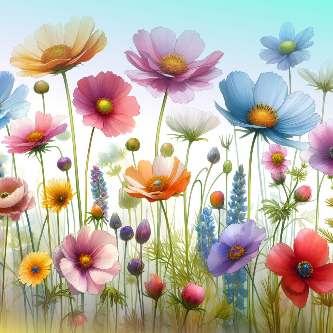 Field of colorful wildflowers including poppies and lupines against a gradient sky.