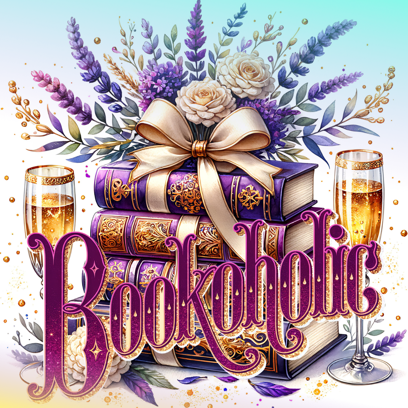 Stack of ornate books with "Bookoholic" text and champagne glasses.