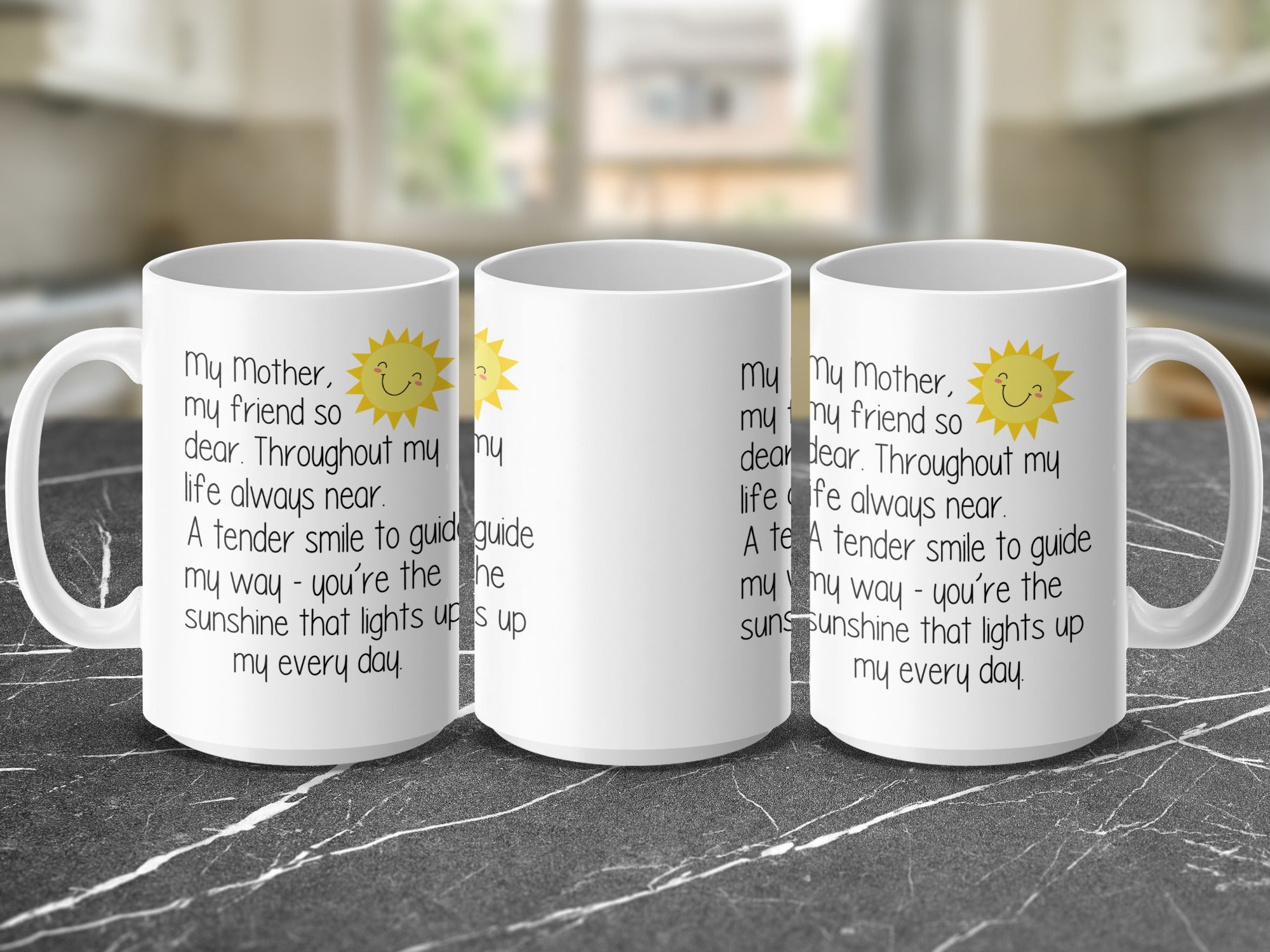 Three mugs with "My Mother, my friend so dear" poem and smiling sun graphic.