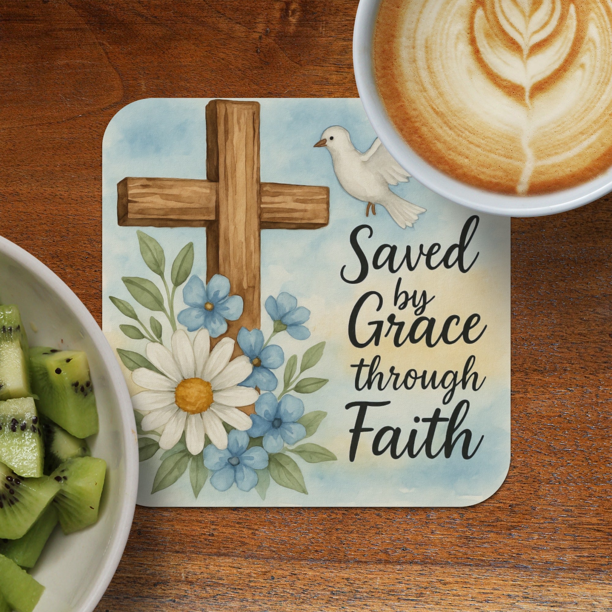 Cross with flowers, dove, and "Saved by Grace through Faith" text.