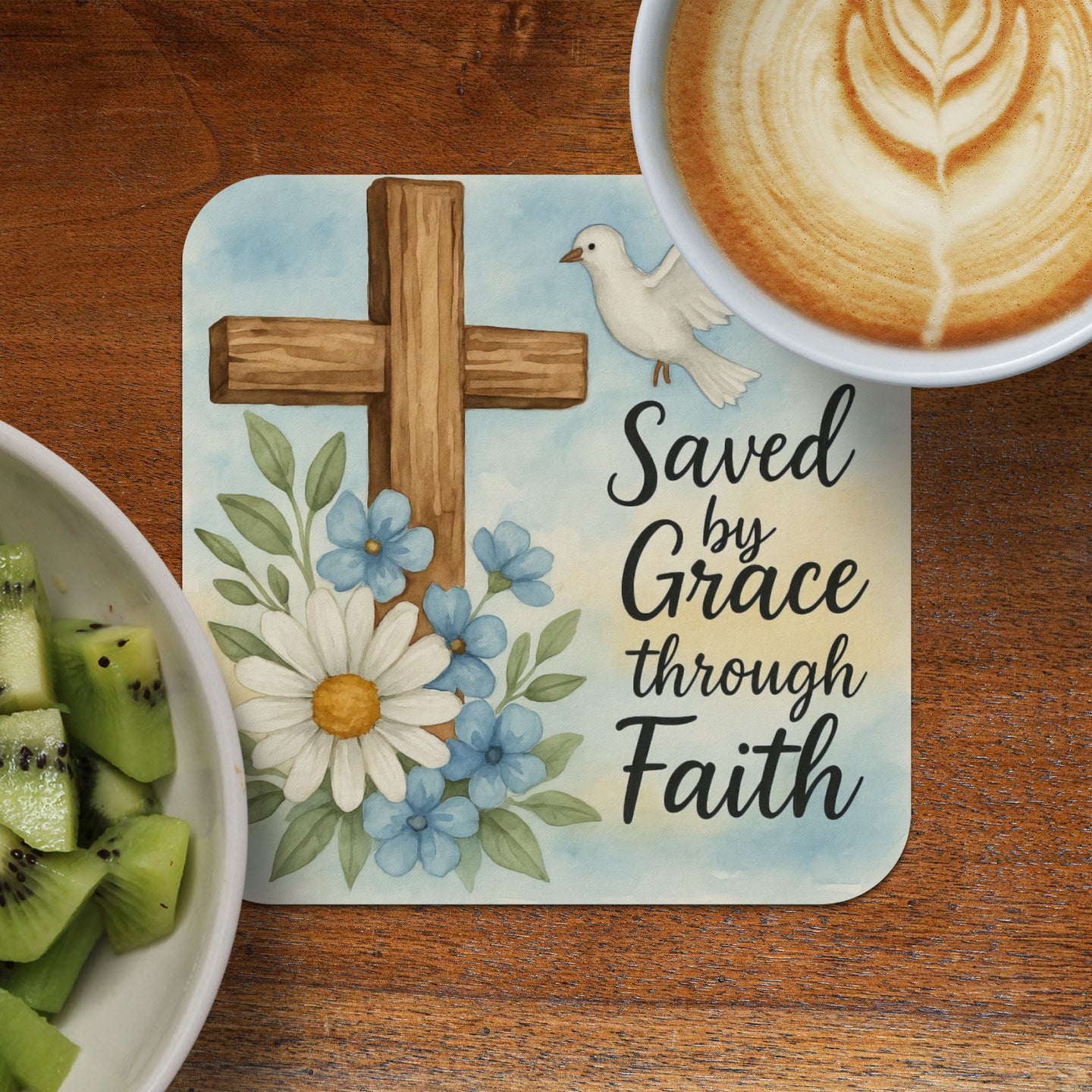 Cross with flowers, dove, and "Saved by Grace through Faith" text.
