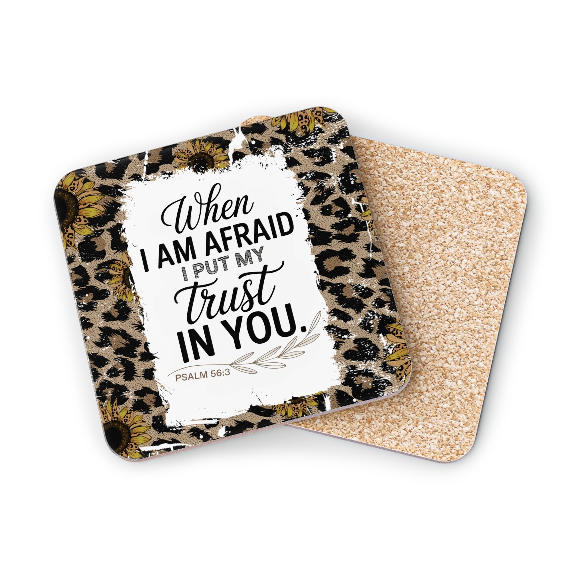 Coasters with leopard print, sunflowers, and Psalm 56:3 text.