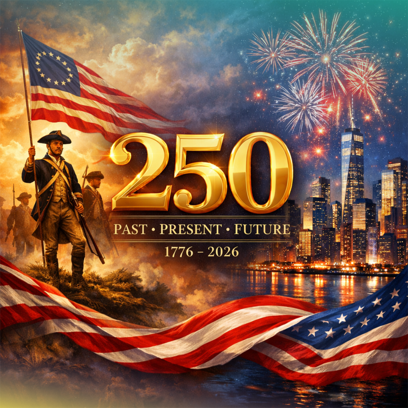 Colonial soldier holds flag with fireworks and city skyline celebrating 250 years.
