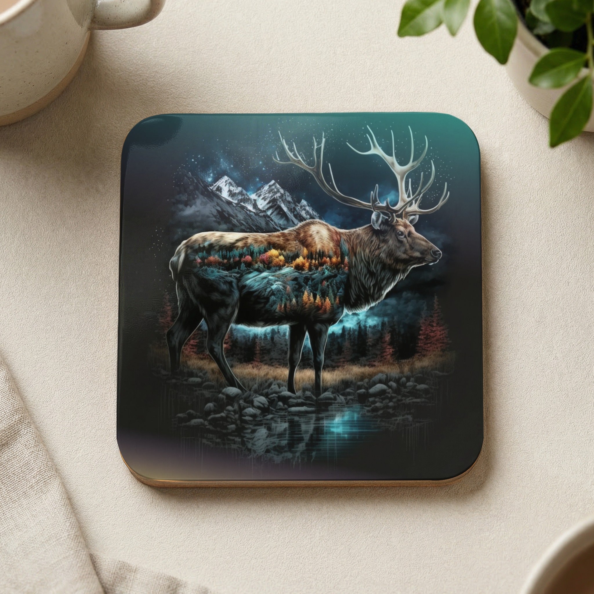 Elk with forest landscape integrated into its body, set against mountains.