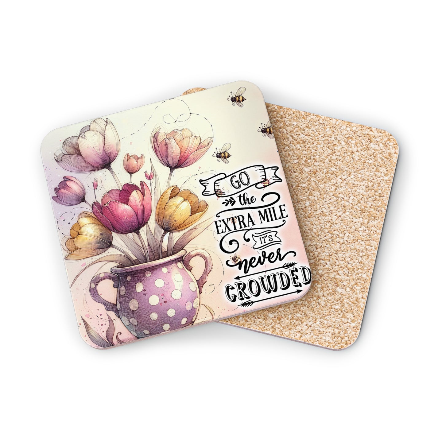 Tulips in a polka dot vase with inspirational quote and bees.