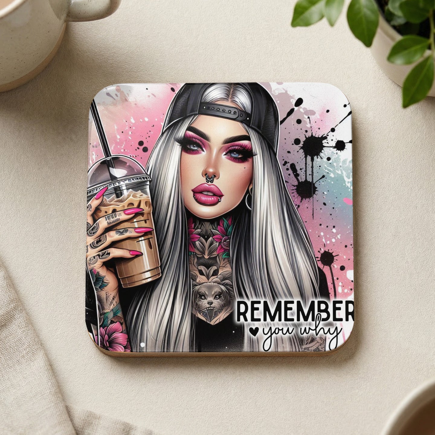 Woman with pink eyeshadow holding iced coffee, "REMEMBER you why" text.