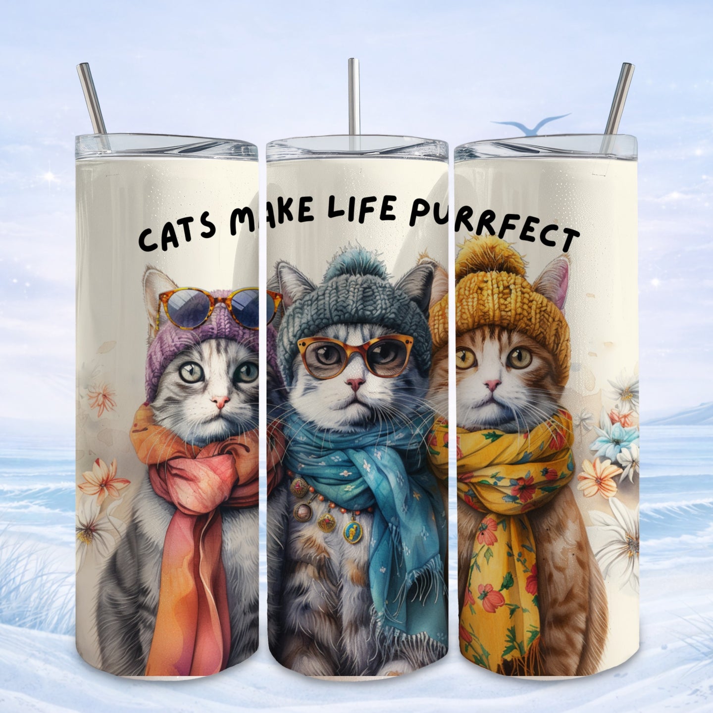 Three cats wearing hats and scarves, "Cats Make Life Purrrfect" text.