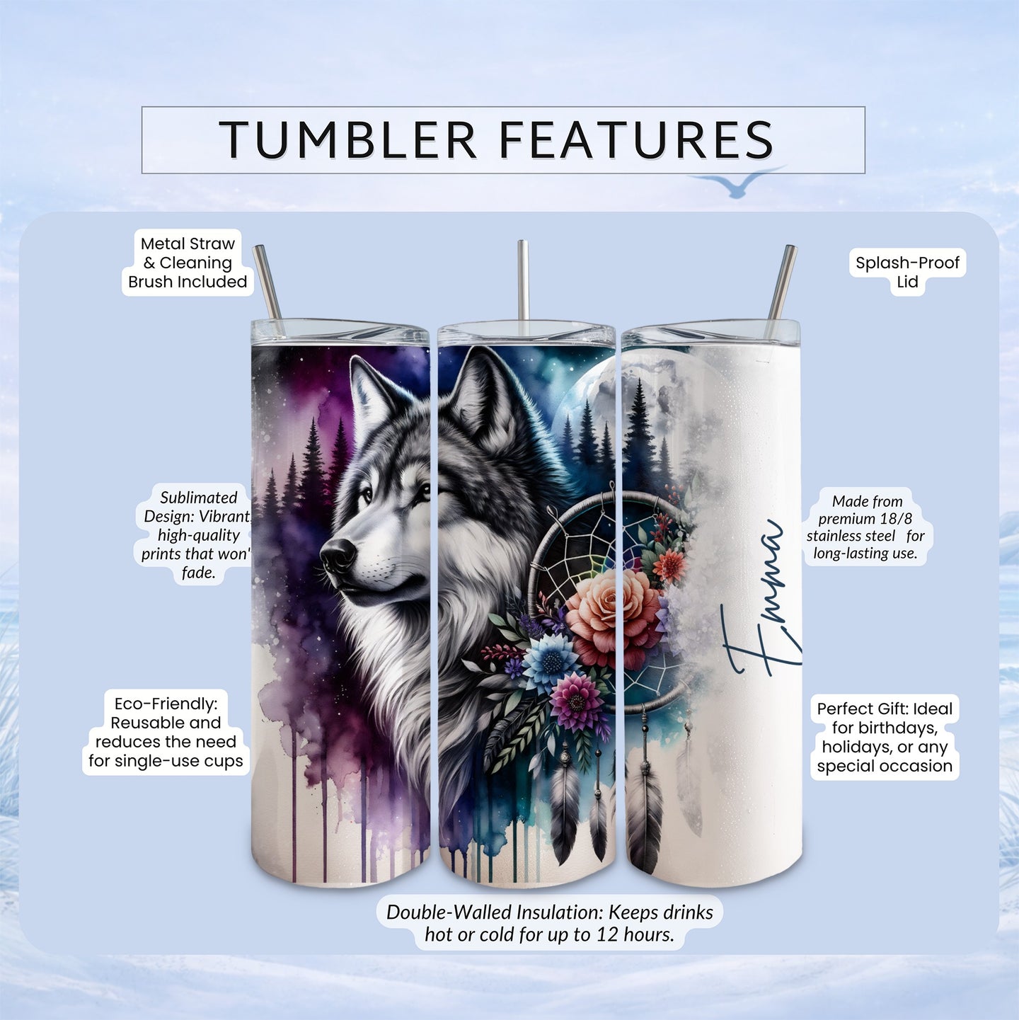 Wolf and dreamcatcher design tumbler with features listed.