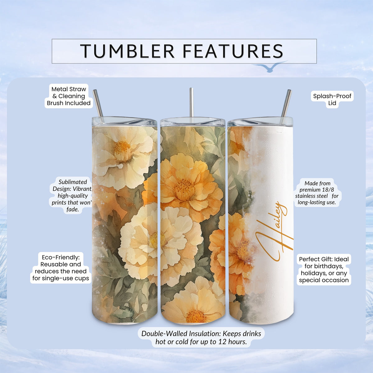 Floral tumbler with metal straw, splash-proof lid, and insulation.